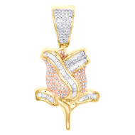 10K Yellow Gold Round & Baguette Diamond Rose Flower Pendant 1.40" Charm 0.58 CT