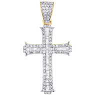 10K Yellow Gold Round & Baguette Diamond Cross Pendant 1.75" Fancy Charm 1.30 CT