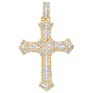 10K Yellow Gold Round & Baguette Diamond Ribbon Cross Pendant 2.50" Charm 3.2 CT