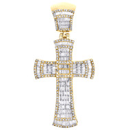 10K Yellow Gold Round & Baguette Diamond Fancy Cross Pendant 1.85" Charm 1.27 CT