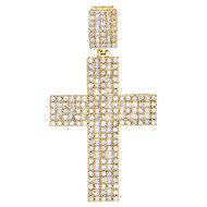 10K Yellow Gold Round & Baguette Diamond Wide Cross Pendant 2.15" Charm 3.05 CT.
