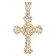 10K Yellow Gold Baguette Diamond Cross Statement Pendant 2.30" Charm 3.25 CT.