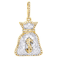 10K Yellow Gold Round & Baguette Diamond Money Bag Pendant 1.25" Charm 0.70 CT.