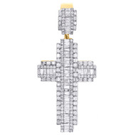 10K Yellow Gold Baguette Diamond Tiered Cross Pendant 2.40" Fancy Charm 3.20 CT.