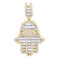 10K Yellow Gold Round & Baguette Diamond Hamsa Hand Pendant 1.75" Charm 2.12 CT.