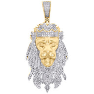 10K Yellow Gold Round Diamond Lion Head Pendant 2" Statement Pave Charm 0.55 CT.