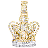 10K Yellow Gold Round & Baguette Diamond King Crown Pendant 1.50" Charm 2.45 CT.