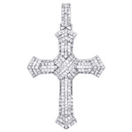 10K White Gold Round & Baguette Diamond Cluster Cross Pendant 2.5" Charm 3.20 CT