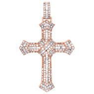 10K Rose Gold Round & Baguette Diamond Cluster Cross Pendant 2.50" Charm 3.20 CT