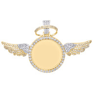 10K Yellow Gold Diamond Memory Picture Pendant 1.85" Angel Wings Charm 2.30 CT.