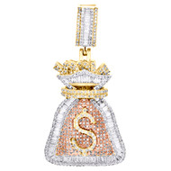 10K Yellow Gold Round & Baguette Diamond Money Bag Pendant 1.75" Charm 1.85 CT.