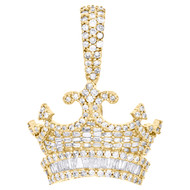 10K Yellow Gold Round & Baguette Diamond King Crown Pendant 1.20" Charm 1.25 CT.