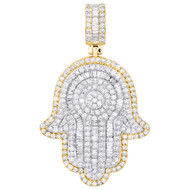 10K Yellow Gold Round & Baguette Diamond Hamsa Hand Pendant 2.25" Charm 4.57 CT.
