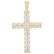 10K Yellow Gold Round & Baguette Diamond Cross Pendant 2.50" Fancy Charm 3.50 CT
