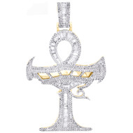 10K Yellow Gold Round & Baguette Diamond Ankh Cross Pendant 2.50" Charm 2.50 CT