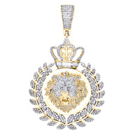 10K Yellow Gold Round & Baguette Diamond Lion Medallion Pendant Charm 1.45 CT.