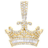 10K Yellow Gold Round & Baguette Diamond King Crown Pendant 1.40" Charm 2.60 CT.