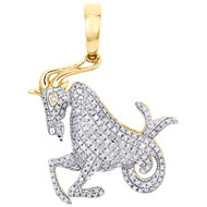 10K Yellow Gold Round Diamond Capricorn Horoscope Pendant 1.30" Charm 0.37 CT.