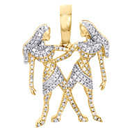 10K Yellow Gold Round Diamond Gemini Horoscope Pendant 1.10" Pave Charm 0.35 CT.