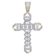 10K Yellow Gold Round Diamond Fancy Cuban Link Cross Pendant 2.65" Charm 1.47 CT
