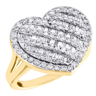 10K Yellow Gold Round & Baguette Diamond Domed Heart 17mm Statement Ring 1.18 CT