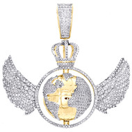 10K Yellow Gold Diamond World Map Globe Crown Pendant Angel Wings Charm 1.71 CT.