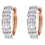 10K Rose Gold Round &  Baguette Diamond Fancy Huggie Hoop 0.55" Earrings 1/3 CT.