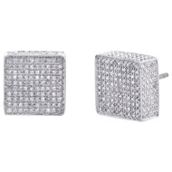 10K White Gold Round Diamond 3D Cube Square Block Stud 13mm Pave Earrings 2 CT.