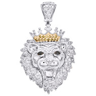 10K White Gold Real Diamond Lion Head Statement Pendant 1.30" Pave Charm 1/3 CT.