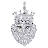 10K White Gold Round Diamond Lion Face King Crown Pendant 2.10" Charm 3.10 CT.
