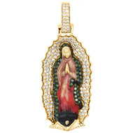 10K Yellow Gold Diamond Virgin Mother Mary Enamel Pendant 1.65" Charm 1.17 CT.