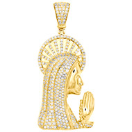 10K Yellow Gold Round Diamond Virgin Mother Mary Pendant 1.8" Pave Charm 1.40 CT
