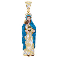 14K Yellow Gold Diamond Virgin Mary Baby Jesus Enamel Pendant 2.2" Charm 1.05 CT