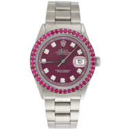 Mens Rolex 36mm DateJust Ruby Gemstone Watch Oyster Band Purple Dial 3.18 CT.