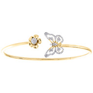 10K Yellow Gold Round Diamond Butterfly & Sunflower Bangle Pave Bracelet 1/4 CT.
