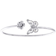 10K White Gold Round Diamond Butterfly & Sunflower Bangle Pave Bracelet 1/4 CT.