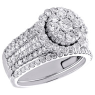 14K White Gold Baguette Diamond Flower Halo Bridal Set Engagement Ring 2 TCW