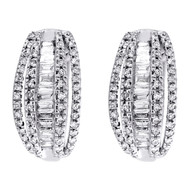10K White Gold Round & Baguette Diamond Hoop / Huggie 14mm Fancy Earrings 1/2 CT