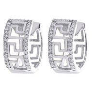 10K White Gold Round Diamond Greek Key Hoop / Huggie 13mm Pave Earrings 1/5 CT.