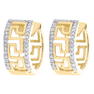 10K Yellow Gold Round Diamond Greek Key Hoop / Huggie 13mm Pave Earrings 1/5 CT.