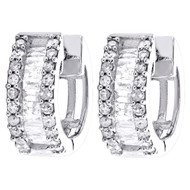 10K White Gold Round & Baguette Diamond Hoop / Huggie 11mm Fancy Earrings 1/2 CT