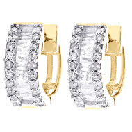 10K Yellow Gold Round & Baguette Diamond Hoop / Huggie 11mm Earrings 1/2 CT.