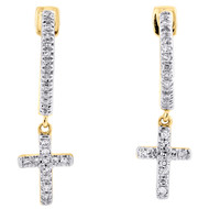 10K Yellow Gold Round Diamond Unisex Mini Cross Dangler Hoop Earrings 0.16 Ct.
