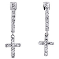 10K White Gold Round Diamond Unisex Mini Cross Dangler Hoop Earrings 0.16 Ct.