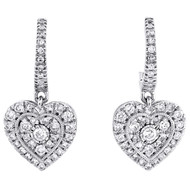 10K White Gold Round Diamond Heart Drop Dangler Halo Hoop Earrings 0.62 Ct.