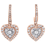 10K Rose Gold Round Diamond Heart Drop Dangler Halo Hoop Earrings 0.62 Ct.