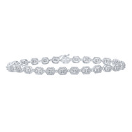 10K White Gold Round & Baguette Diamond Halo Cluster Link 8.5" Bracelet 3 CT.