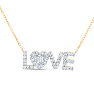 10K Yellow Gold Round & Baguette Diamond Love Heart 18" Necklace Charm 1/3 CT.