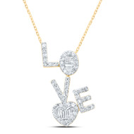 10K Yellow Gold Round & Baguette Diamond Love Heart 18" Necklace Charm 1/2 CT.