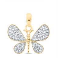 10K Yellow Gold Round Cut Diamond Women's Beaded Butterfly Cluster Pendant 1/3 CT.